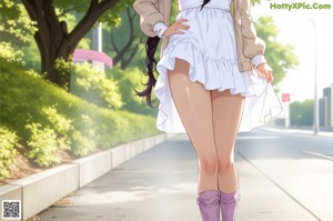 A girl in a white dress standing in a park.