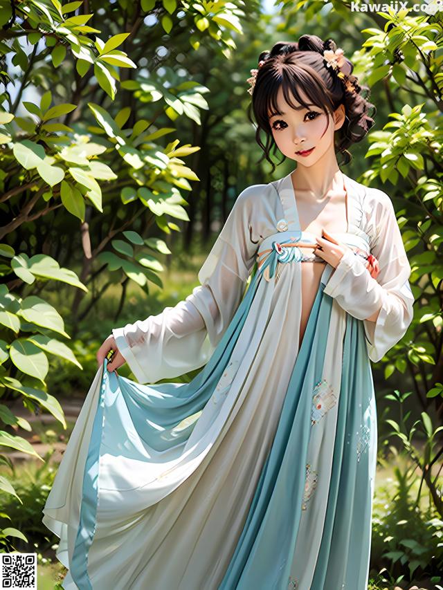 A woman in a blue and white dress standing in a forest.