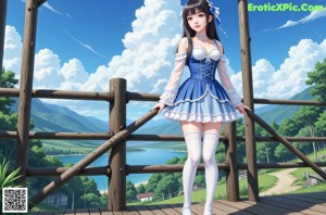 a woman in a blue dress and white stockings