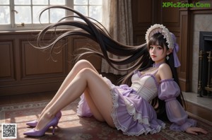 A woman in a black and white dress with long black hair.