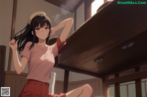 A girl in a red dress holding a flower in her hand.