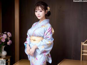 A woman in a blue kimono standing in a garden.