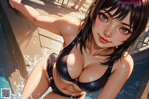 A woman in a bikini standing next to a swimming pool.