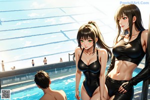 A woman in a bathing suit sitting on the edge of a swimming pool.