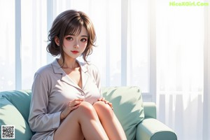 A woman in a white shirt and panties sitting on a window sill.
