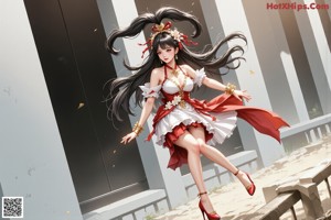A woman in a red and white dress sitting on a rock.