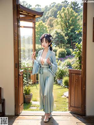 A woman in a kimono sitting on a window sill.
