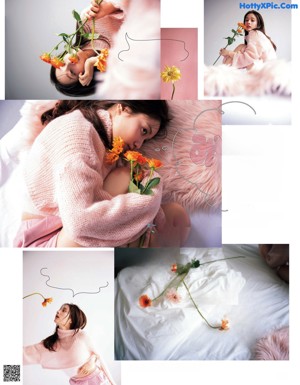 A magazine page with a picture of a woman holding a flower.