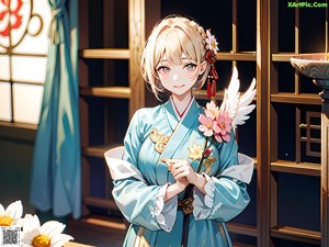 A woman in a kimono sitting on a bed.