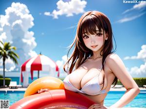 A woman in a white bikini sitting on a pink couch.