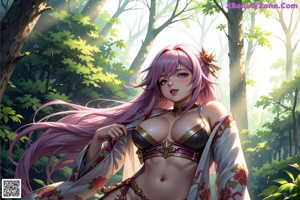 A naked woman in a kimono is standing in the woods.