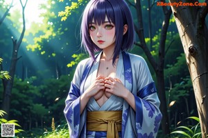 A naked woman in a kimono is standing in the woods.