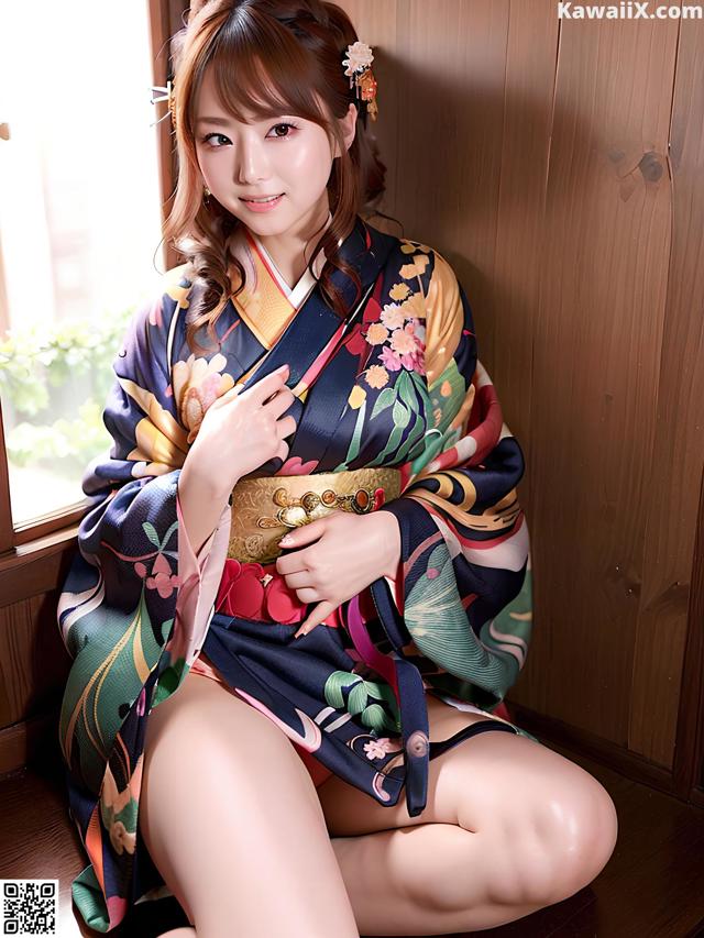 A woman in a kimono sitting on a wooden floor.