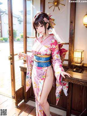 A woman in a blue kimono sitting on a wooden deck.