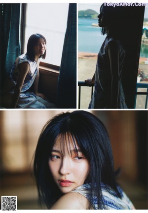 A woman with long hair looking out of a window.