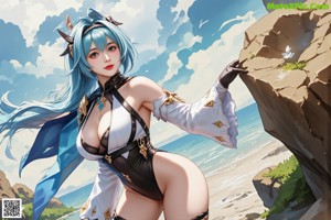 A woman with long blue hair wearing a white bodysuit.