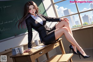 A woman in a business suit standing in front of a desk.