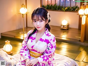 A woman in a white and blue floral kimono posing on a bed.