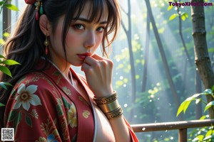A woman in a kimono is posing for the camera.
