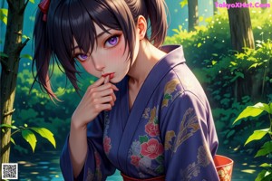 A woman in a kimono is posing naked in the woods.