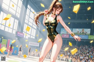 A woman in a green and gold outfit leaning against a wall.