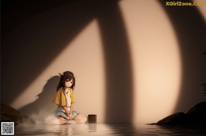 A girl in a school uniform sitting on a chair.