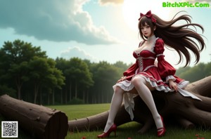 A woman in a red and white dress standing in a field.