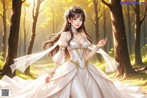 A woman in a white dress is walking in the woods.