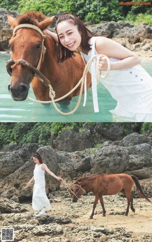 A woman riding on the back of a brown horse in the ocean.