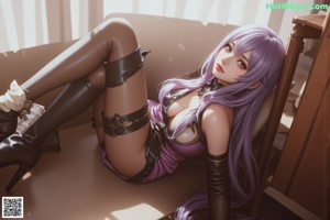 A woman with long purple hair wearing a black lingerie.