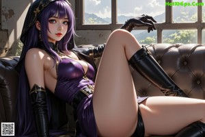 A woman with purple hair and a crown on her head.
