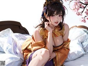 A woman in a green kimono sitting on a bed.