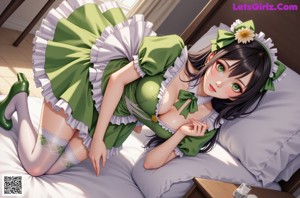 A girl in a green dress sitting on the floor.