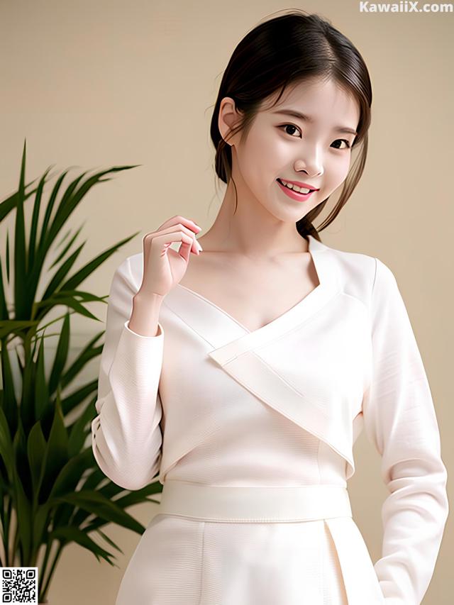 A woman wearing a white dress with a long sleeve.