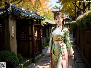 A woman in a kimono sitting on a table.