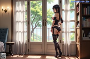 A woman in a black lingerie and stockings leaning against a wall.